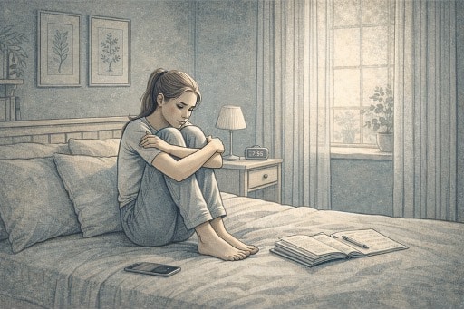 A teenage girl sitting alone on her bed in a room, hugging her knees to her chest with a distant, withdrawn expression while her phone and schoolwork sit untouched beside her.
