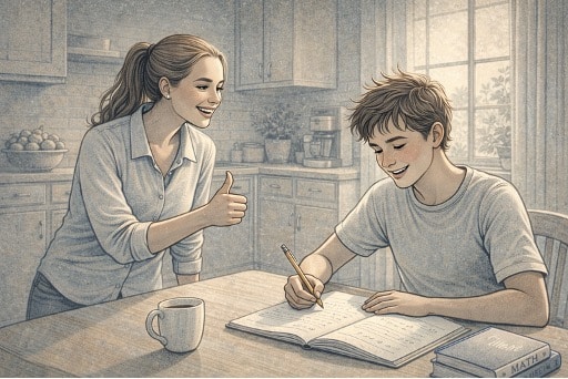 Parent using effort-based praise with a teen after completing a homework assignment, reinforcing positive behavior at the kitchen table.