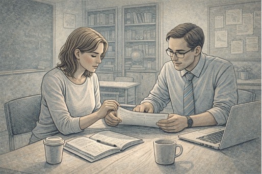 A parent sitting across from a teacher at a school desk during a meeting, reviewing a document together with an open planner and laptop nearby.