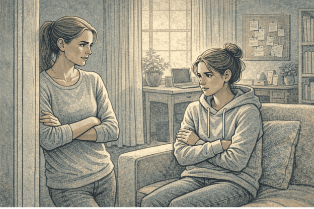 A concerned parent observing their teenager who is sitting with arms crossed and looking away anxiously, illustrating the visible signs of social anxiety in adolescents at home.