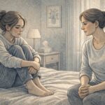 A teen sitting quietly on a bed, looking thoughtful and anxious, while a parent sits nearby with a concerned and supportive expression in a calm home setting.