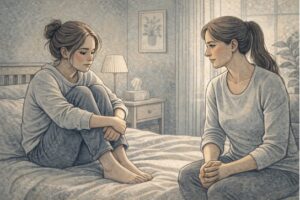 A teen sitting quietly on a bed, looking thoughtful and anxious, while a parent sits nearby with a concerned and supportive expression in a calm home setting.