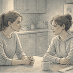 Parent and teen discussing mental health, demonstrating the calm, nonjudgmental approach needed when addressing self-harm behaviors.