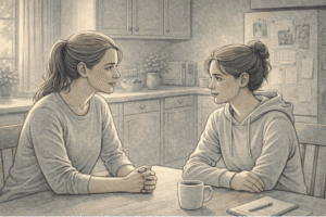 Parent and teen discussing mental health, demonstrating the calm, nonjudgmental approach needed when addressing self-harm behaviors.