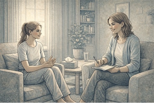 A small group of teens in a therapy session with a counselor in a bright, comfortable room, engaged in open discussion.