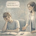 Teen with ADHD sitting at a desk, looking distracted while a parent stands nearby offering calm, supportive guidance.