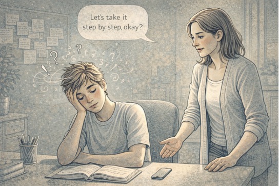 Teen with ADHD sitting at a desk, looking distracted while a parent stands nearby offering calm, supportive guidance.