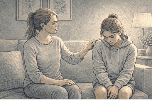 A parent providing a safe, calm environment for their teenager, illustrating the supportive emotional response necessary when discovering self-harm.
