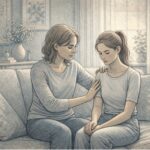 A parent sitting beside their teenager on a living room couch, offering quiet emotional support with a gentle hand on the teen's shoulder in a warm, calm home setting.