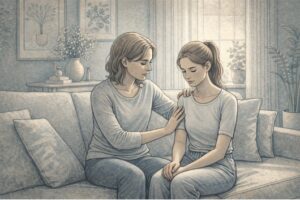 A parent sitting beside their teenager on a living room couch, offering quiet emotional support with a gentle hand on the teen's shoulder in a warm, calm home setting.