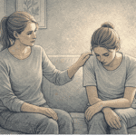 A concerned parent sitting beside their teenager on a living room couch, gently placing a hand on the teen's shoulder while the teen looks down quietly.