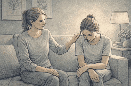 A concerned parent sitting beside their teenager on a living room couch, gently placing a hand on the teen's shoulder while the teen looks down quietly.