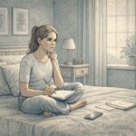 Teen sitting on a bed with a notebook, looking thoughtful as they prepare to have a conversation with their parents about ADHD concerns.