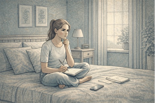 Teen sitting on a bed with a notebook, looking thoughtful as they prepare to have a conversation with their parents about ADHD concerns.