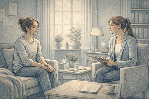 A small group of teens in a bright therapy room with a therapist, engaged in a collaborative group session in a calm and supportive setting.