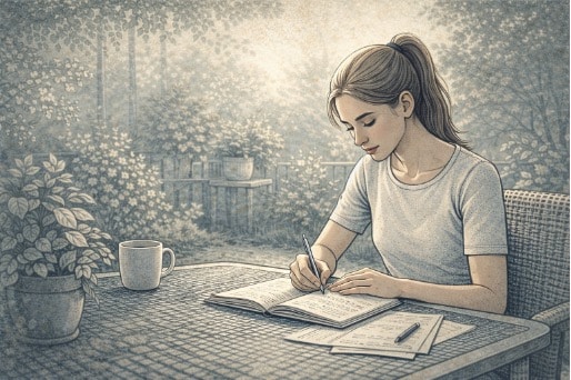 A teenager sitting at an outdoor patio table writing in a journal with a calm, focused expression, surrounded by greenery and soft natural light.