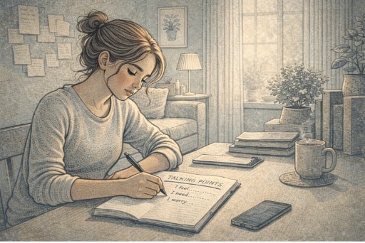 A teenager writing thoughts in a notebook at a desk in their bedroom, preparing talking points before having a difficult conversation with their parents.