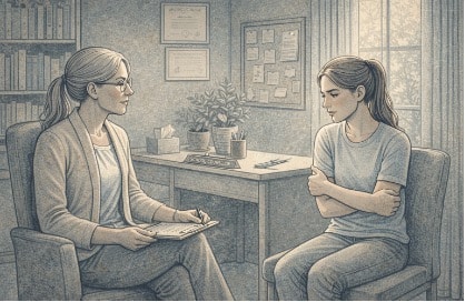 School counselor speaking with a tense teenager showing physical warning signs of teen abuse