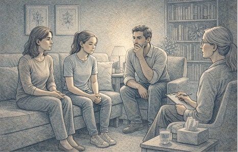 A mother, a teenage girl, and a father are seated on a couch during a family therapy session, facing a therapist holding a clipboard in a softly lit room.
