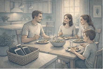 Family eating dinner together with all phones placed in a basket on a nearby counter, enjoying a device-free meal.