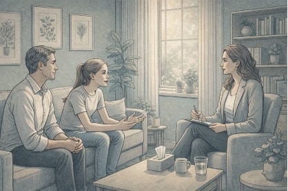 A teenage girl and her parent sitting across from a therapist in a welcoming office, with the teen leaning forward and appearing engaged in an open discussion.