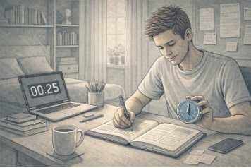 Teen student using a kitchen timer set to 25 minutes while working on homework at a tidy desk, demonstrating the Pomodoro Technique for focused study sessions.