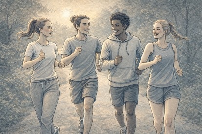 Group of teenagers jogging together on an outdoor trail, smiling and encouraging each other during a morning run.