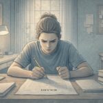 Teen sitting at a desk staring at an exam paper with a tense expression, hands gripping a pencil, surrounded by open textbooks.
