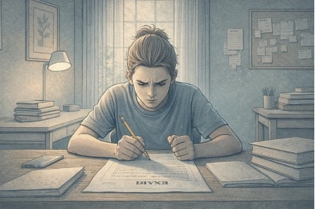 Teen sitting at a desk staring at an exam paper with a tense expression, hands gripping a pencil, surrounded by open textbooks.
