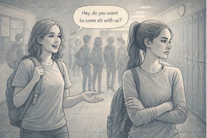 A teenage girl declines a friend's invitation in a school hallway, looking away with a tense expression, illustrating avoidance behavior associated with social anxiety.