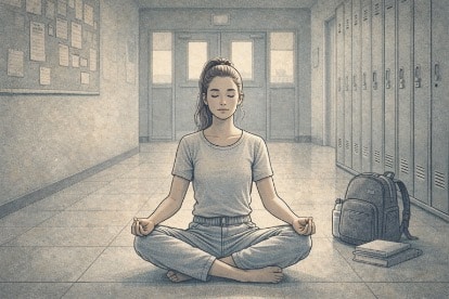 Teen sitting cross-legged on a school hallway floor, practicing deep breathing with eyes closed and hands resting on knees.