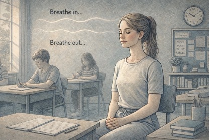 A teenage girl sitting at her school desk with her eyes closed and hands resting on her lap, practicing a breathing exercise to manage anxiety during class.