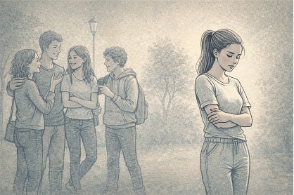 A teen girl stands alone with arms crossed and eyes downcast while a group of peers laughs together nearby, illustrating social withdrawal.