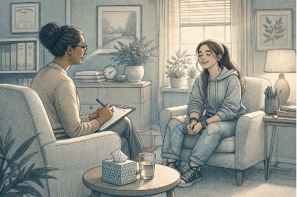 A teen speaking with a school counselor in a private office, looking relieved while the counselor listens attentively and takes notes.