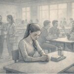 A teenage girl sitting alone at a school lunch table, looking down at her hands while classmates socialize around her, visually conveying the isolation social anxiety can cause.