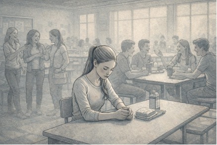A teenage girl sitting alone at a school lunch table, looking down at her hands while classmates socialize around her, visually conveying the isolation social anxiety can cause.