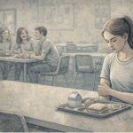 Teenage girl sitting alone at a school lunch table feeling left out as classmates talk nearby.