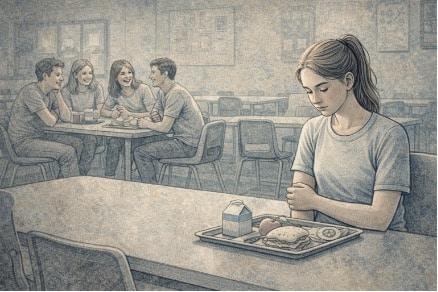Teenage girl sitting alone at a school lunch table feeling left out as classmates talk nearby.
