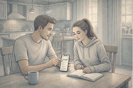 Parent and teenager sitting together at a kitchen table reviewing screen time data on a smartphone, having a collaborative conversation.