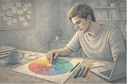 Teenage boy pointing to a section of a colorful feelings wheel worksheet at a desk, identifying the specific emotion he is experiencing.