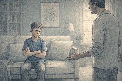 A teenage boy sitting with arms crossed and a guarded expression, looking away from a parent in a living room, conveying reluctance and emotional withdrawal.