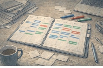 Open weekly planner on a desk showing color-coded assignments in blue, green, and red highlighters, with a student's handwriting in upcoming due dates.