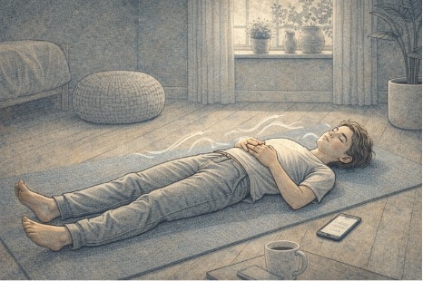 Teenager lying on a yoga mat with hands resting on their stomach, practicing a guided body scan meditation in a quiet room.