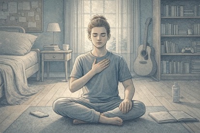 Teen sitting cross-legged on a bedroom floor with eyes closed, practicing deep breathing with one hand on their chest to feel their breath slow down.