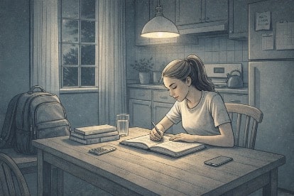 Teen writing in a journal at a kitchen table the evening before an exam, with a packed school bag and a laid-out outfit visible in the background.