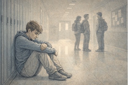 Teenage boy sitting alone in a school hallway after being left out by peers during the school day.