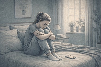 A teenage girl sitting alone on her bed, looking withdrawn and anxious, visibly struggling with the decision to open up about her mental health.