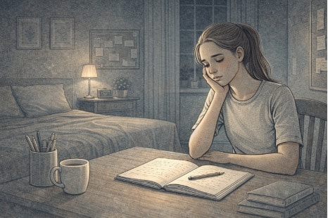 Teenage girl sitting alone at a desk in a dimly lit bedroom, staring at a journal with a distant, withdrawn expression.