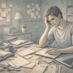 Teenage student with ADHD sitting at a cluttered desk surrounded by scattered papers and textbooks, looking overwhelmed while trying to organize schoolwork.
