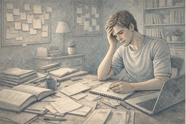 Teenage student with ADHD sitting at a cluttered desk surrounded by scattered papers and textbooks, looking overwhelmed while trying to organize schoolwork.